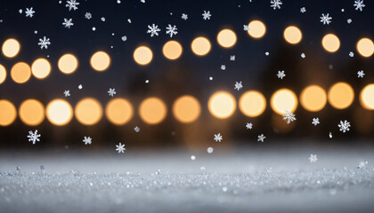 Obraz premium Blurred lights of garlands against the background of snow cover with a slight flicker of snowflakes in the air