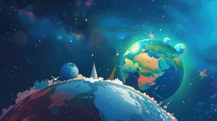 World travel background with the Earth and different famous landmarks, generative ai