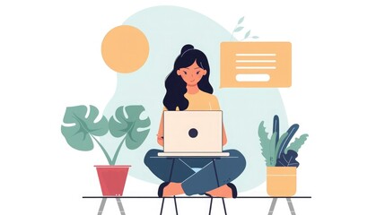 Young girl with computer sitting indoors, online chatting concept.