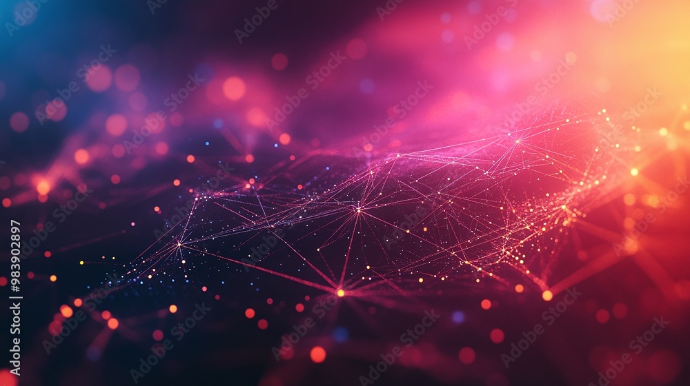 Poster abstract digital background featuring vibrant colors, glowing lines, and dotted connections represen