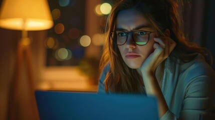 Young serious busy professional business woman employee or student using laptop watching online webinar or training web course, looking at computer, thinking, elearning, doing research concept