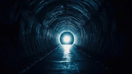 A dark tunnel with a bright light at the end, symbolizing hope and mental healing through therapy, emotional clarity, symbolic journey