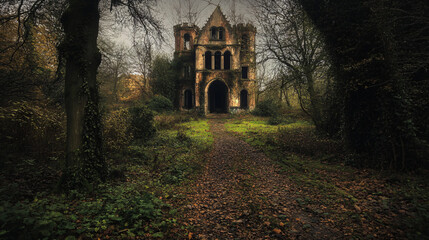 An abandoned castle surrounded by dark, twisted trees, with a path leading into the overgrown grounds.