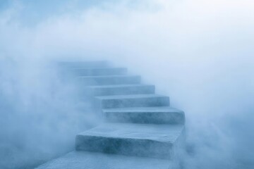 A staircase emerging from a dense fog, leading up to clear skies, symbolizing mental progress in therapy, emotional elevation, symbolic growth