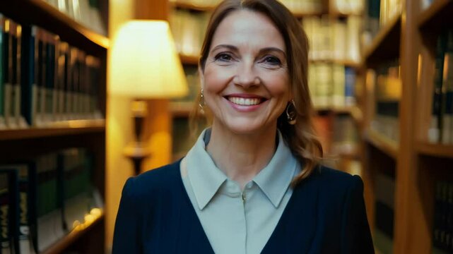 Dolly zoom video, practical light. Smiling 38-year-old female librarian in a library.
