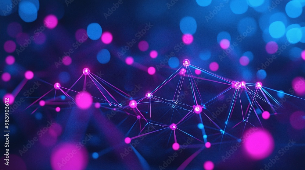 Poster abstract digital background with vibrant pink and blue dots connected by luminous lines, representin
