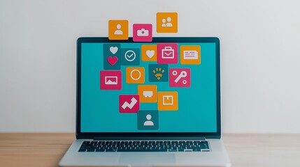 A laptop displaying colorful social media icons, symbolizing digital communication and online connection.