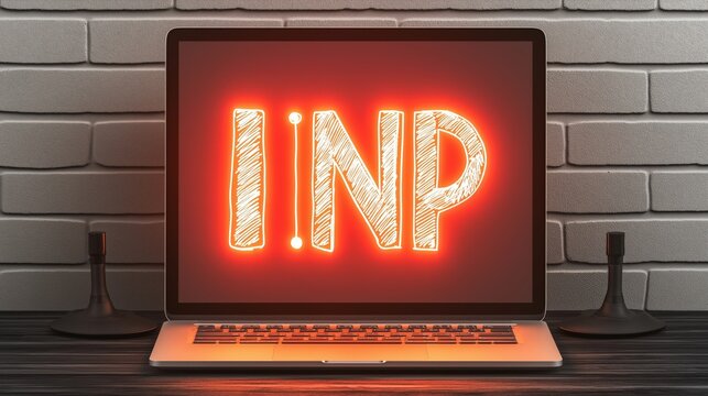 A modern laptop displaying the glowing text 'INP' on a wooden table against a stylish brick wall background.