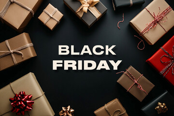Assorted gift boxes, shopping bags with black friday text on black background