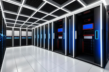 Naklejka premium 3D illustration of a futuristic server room with glowing data connections between racks