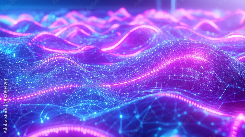 Poster abstract digital landscape with glowing waves and connected points, ideal for technology, data scien
