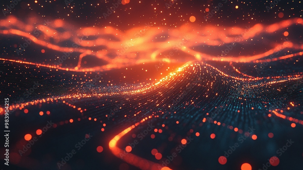 Poster abstract digital landscape with glowing waves and particles creating a mesmerizing visual effect in 