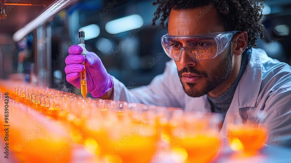 Poster scientist working in lab with test tubes and pipette