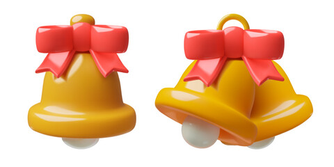 Christmas bells with red bows 3d vector holiday decorations. Cute jingle bells three dimensional icons isolated on white.