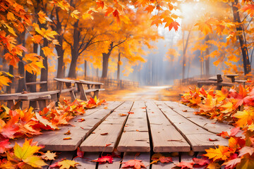 Wooden Empty wooden surface top with autumn park background.