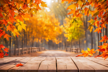 Wooden Empty wooden surface top with autumn park background.