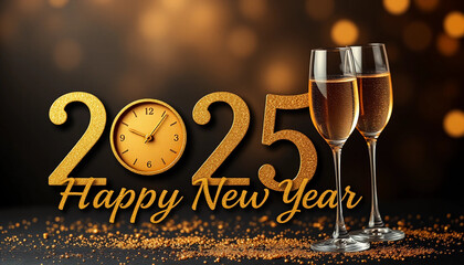 card or banner to wish a happy new year 2025 in gold the 0 is replaced by a clock and on the right two flutes of champagne on a black and brown gradient background