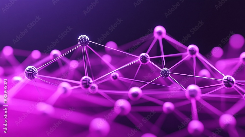 Poster abstract digital network structure with purple particles and connections representing technology and