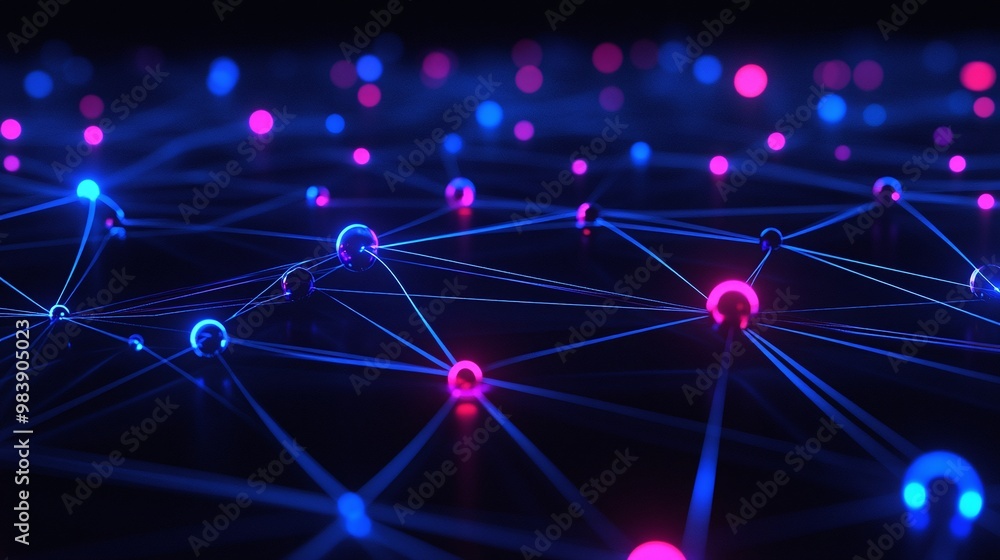 Poster abstract digital network visualization with glowing blue and pink nodes interconnected by lines, sym