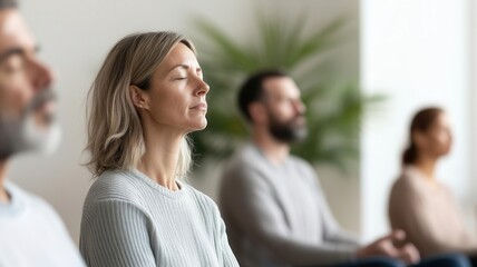 Breathwork session, group of people practicing deep breathing, soft light, calming space, group therapy, emotional balance