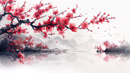 A beautiful branch of blooming cherry blossoms against a white background, perfect for spring-themed designs