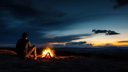 Obraz premium Person sitting peacefully by campfire, solo retreat, serene wilderness setting, night sky, nature therapy, emotional solitude