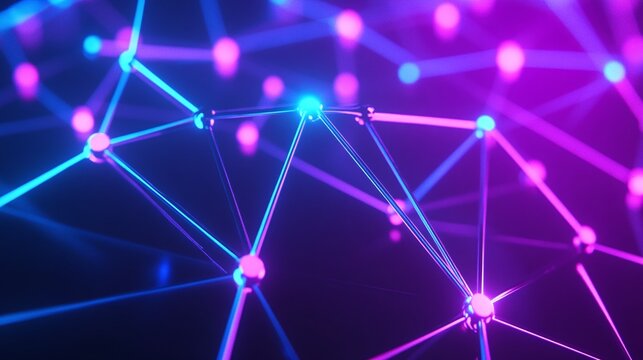 Abstract digital network with glowing nodes and connections in vibrant colors, symbolizing technology and communication.