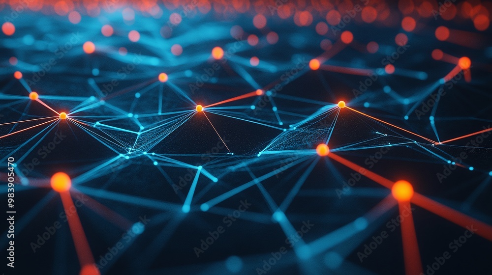 Poster abstract digital network with glowing nodes and lines, showcasing a technological connection and dat