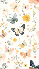 Soft Pastel Watercolor Butterfly and Floral Pattern