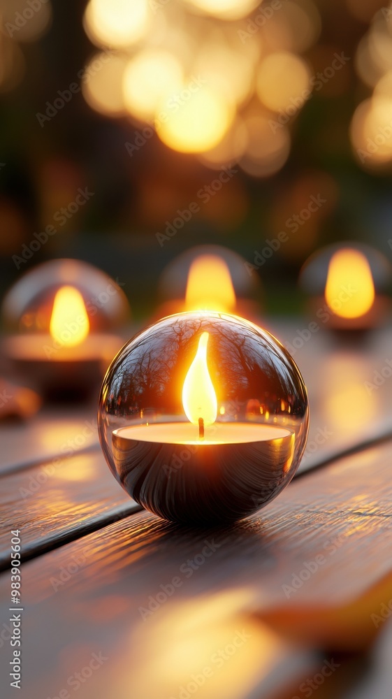 Poster a serene evening scene featuring glowing candles reflected in elegant glass holders, creating a warm