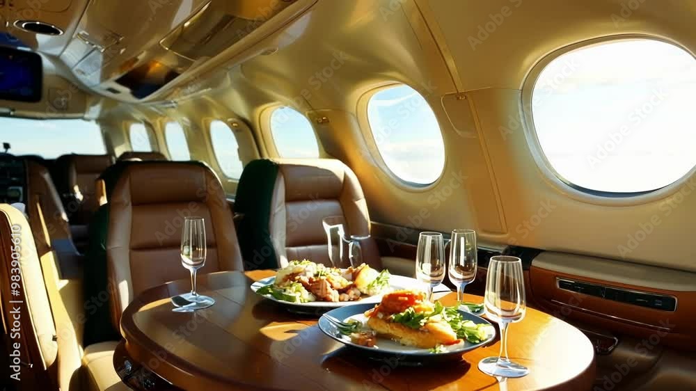 Poster sunlight streaming through the windows of a private jet, illuminating a table set with drinks and fl