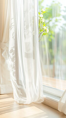 A beautiful window scene with flowing curtains, a vase of flowers, and a light-filled room. Perfect for home decor and interior design inspiration.