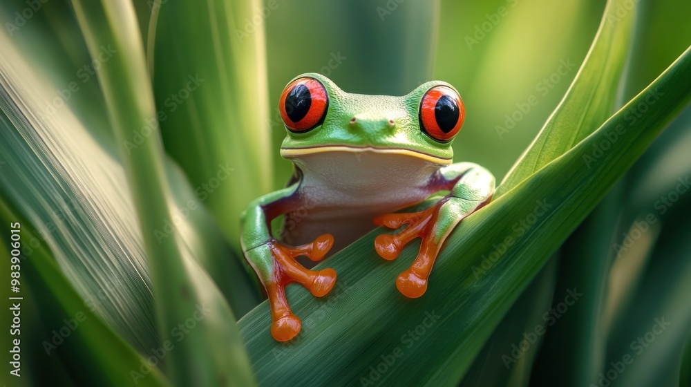 Canvas Prints A Green Tree Frog Perched on a Leaf