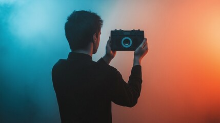 Neon Visionary: A silhouette of a man capturing the vibrant hues of a neon-lit scene with his vintage camera, embodying creativity and artistic expression. 