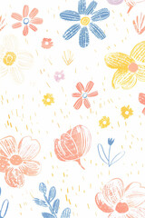 A cheerful floral pattern featuring colorful flowers, leaves, and abstract shapes, perfect for adding a touch of spring to any project.