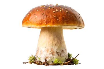 Edible mushroom with brown cap and white stem isolated on transparent background