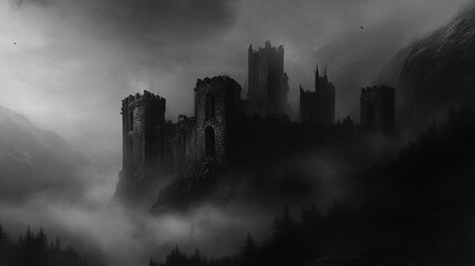 Naklejka premium An abandoned castle at the edge of a dark forest, with fog swirling around its crumbling towers.