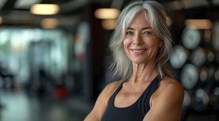 Fototapeta premium Beautiful senior woman with a perfect body, smiling and posing at the gym after her workout.