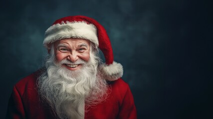 Santa Claus with a wide, joyful smile, traditional red suit, gray beard, festive and charismatic, dark background, perfect for a Christmas postcard or banner, copy space, selective focus

