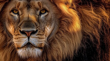 Fototapeta premium The photo shows a lion's face up close. The lion has a big, fluffy mane and looks peaceful and powerful. You can see every detail of its fur and features.