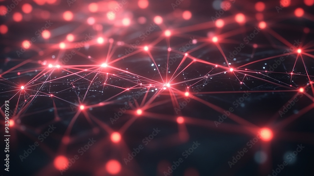Poster abstract network illustration featuring glowing red nodes interconnected by lines, representing digi