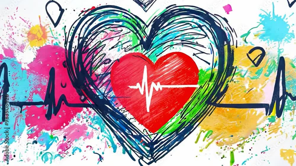 Poster a creative representation of a heart intertwined with a heartbeat line, surrounded by colorful splas