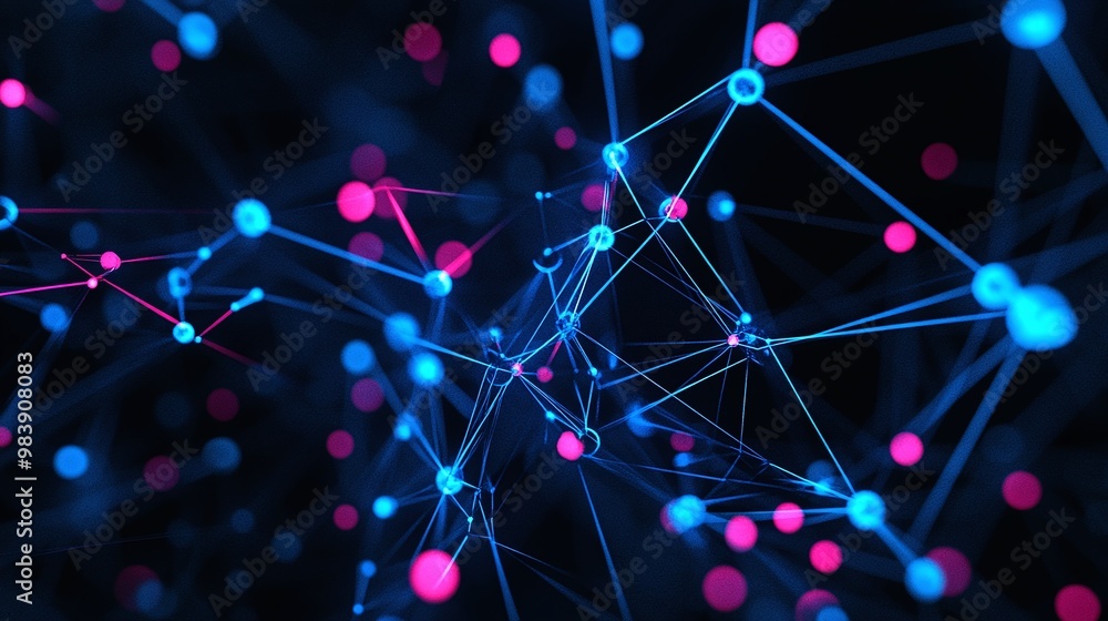 Poster abstract network of interconnected nodes with vibrant blue and pink colors, representing data flow a