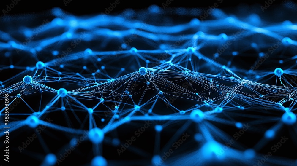 Poster abstract network structure with glowing blue nodes and connections, representing technology, data, a