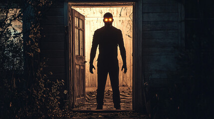 Obraz premium A zombie with glowing eyes standing in the doorway of an abandoned farmhouse, staring at the viewer.