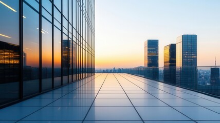 Fototapeta premium Reflective office buildings capturing sky and city, minimalist modern design, soft lighting, urban reflection, architecture