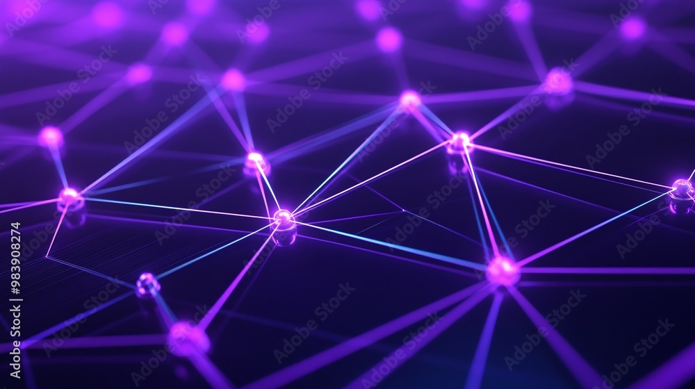 Poster abstract network visualization with glowing purple nodes and connections, representing digital commu