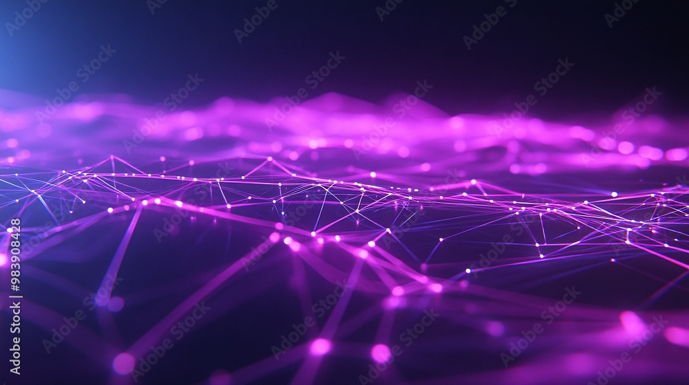 Poster abstract purple and blue digital landscape with glowing nodes and connections representing data and 