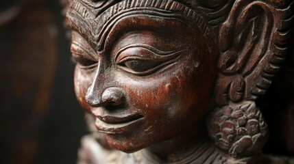 Close-up of an Intricately Carved Wooden Deity