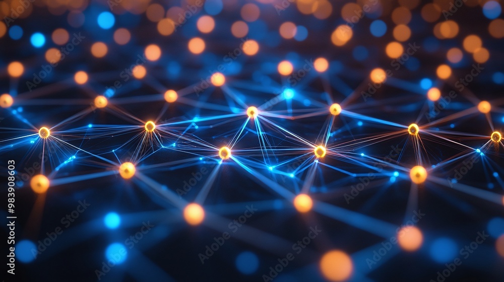 Poster abstract representation of a digital network with glowing blue and orange nodes, symbolizing connect